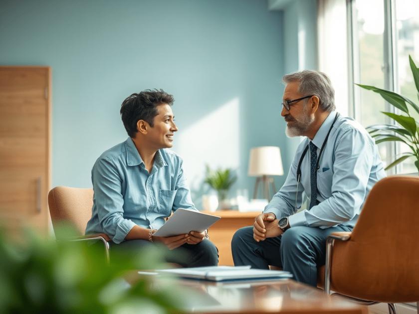 Cliente com deficiência conversando com advogado sobre benefícios do INSS em escritório acolhedor.