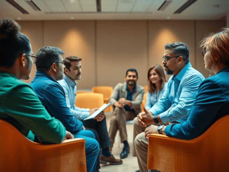Grupo diverso de cidadãos discutindo ação coletiva com advogado em sala de conferência moderna.