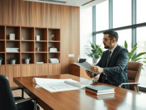 Empresário consultando advogado sobre arbitragem empresarial em escritório moderno