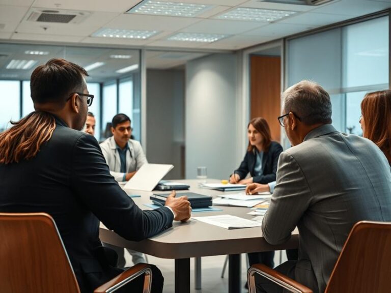 Como funciona a responsabilidade dos administradores? Administrador em reunião discutindo responsabilidades com sua equipe em um escritório moderno.