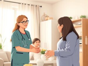 Empregada doméstica ajudando uma família com elementos do dia a dia, representando seus direitos e dignidade no trabalho.