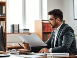 Trabalhador consultando advogado sobre direitos após demissão sem justa causa em escritório jurídico moderno.