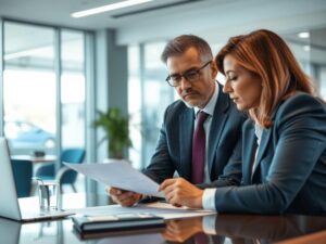 Advogado analisando documentos contratuais com cliente em escritório, ilustrando a resolução contratual por inadimplemento.