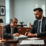 Advogado consultando cliente sobre a teoria da imprevisão em contratos, enfatizando a proteção legal necessária.