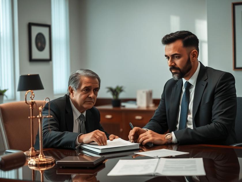 Advogado consultando cliente sobre a teoria da imprevisão em contratos, enfatizando a proteção legal necessária.