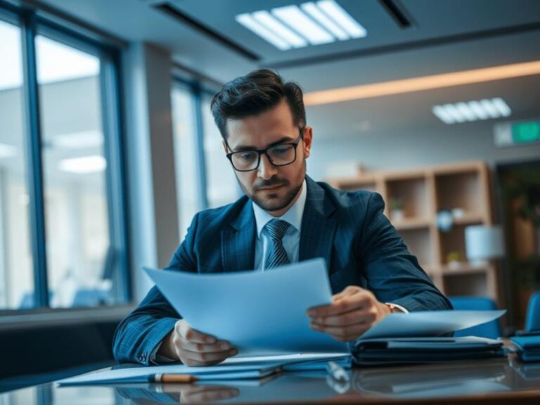 Advogado e empresário analisando documentos em escritório moderno, ilustrando a due diligence em fusões e aquisições.