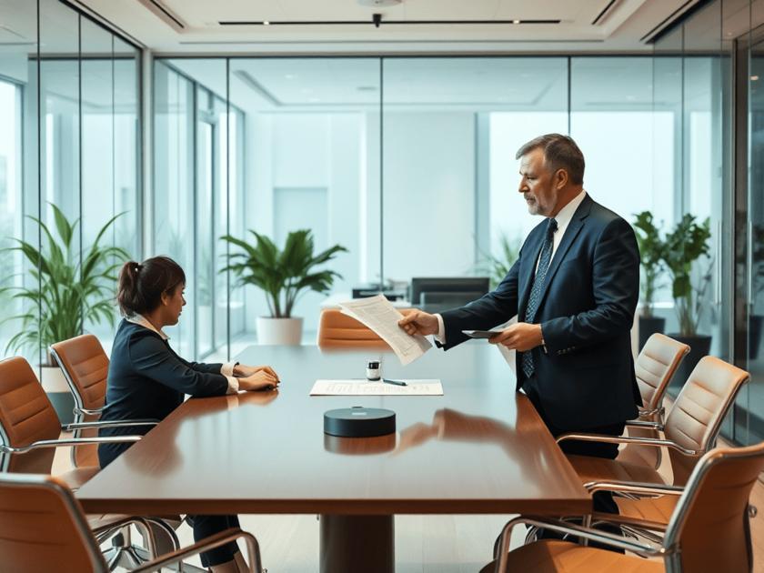 Discussão sobre contrato de vesting entre empresário e advogado em sala de reunião moderna.