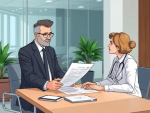 Advogado e cliente discutindo detalhamentos sobre memorando de entendimentos em escritório moderno.