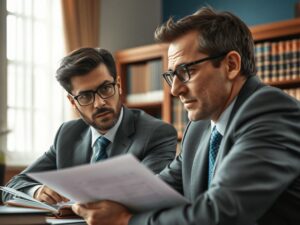 Cliente em reunião com advogado discutindo direitos sobre atrasos imobiliários em escritório jurídico.
