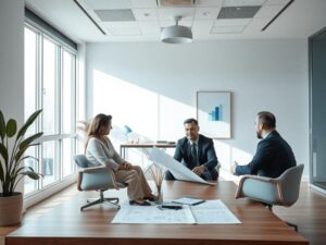 Proprietário de imóvel discutindo com advogado em escritório sobre opções legais contra termos abusivos em contratos.