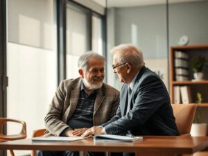 Cliente mais velho recebendo orientação de advogado amigável sobre aposentadoria em escritório moderno e iluminado.