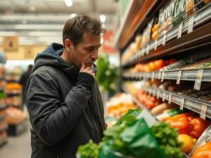Consumidor preocupado lendo rótulo de alimento em um mercado, destacando recursos legais para problemas de saúde causados por alimentos.