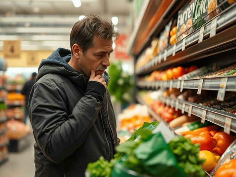 Consumidor preocupado lendo rótulo de alimento em um mercado, destacando recursos legais para problemas de saúde causados por alimentos.