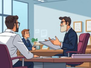 Advogado explicando a reforma trabalhista a dois trabalhadores em um escritório moderno, destacando os direitos e deveres.
