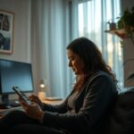 Como consultar o tempo de contribuição no Meu INSS? Usuário navegando no aplicativo Meu INSS em ambiente de home office.