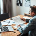 Advogado revisando contrato de parceria comercial com clientes diversos em escritório moderno.