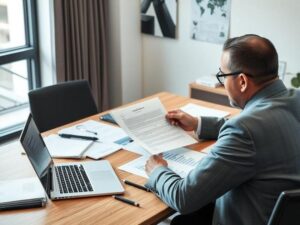 Advogado revisando contrato de parceria comercial com clientes diversos em escritório moderno.