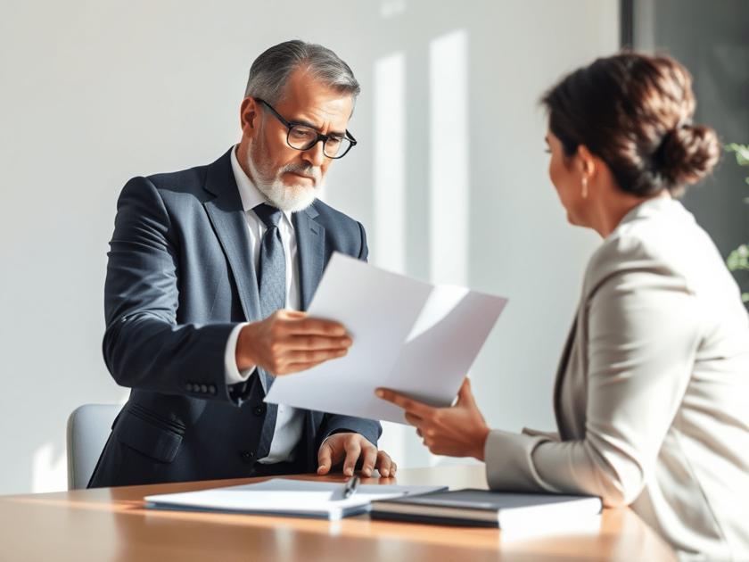 Advogado revisando documentos fiscais com cliente empresário para evitar autuações fiscais.