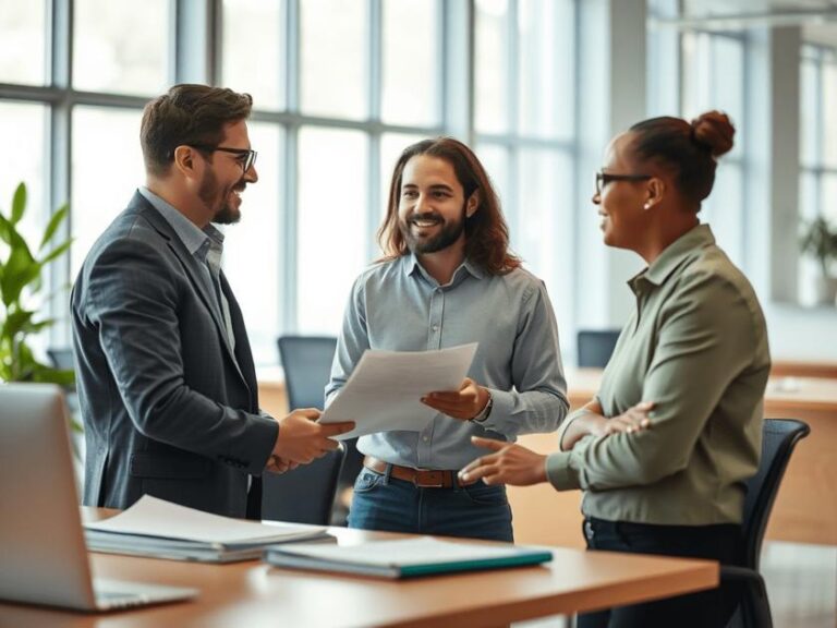 Trabalhadores diversos em ambiente de escritório discutindo sobre estabilidade no emprego, ilustrando proteção trabalhista.