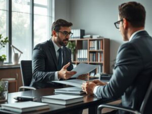 Advogado explicando novação contratual a cliente preocupado em escritório moderno.