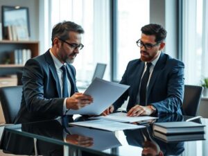 Trabalhador e advogado revisando contrato de experiência, transmitindo confiança e clareza.