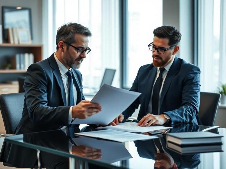 Trabalhador e advogado revisando contrato de experiência, transmitindo confiança e clareza.