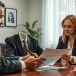 Cliente revisando contrato digital com advogado em escritório juridico, proteção contra cláusulas abusivas.