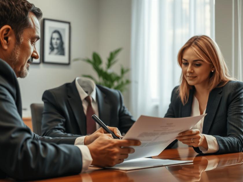 Cliente revisando contrato digital com advogado em escritório juridico, proteção contra cláusulas abusivas.
