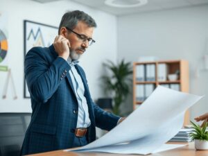Cliente preocupado recebendo ligação de cobrança em escritório, representando os direitos do consumidor.