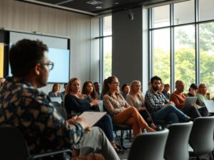 Cidadãos diversos discutindo experiências no Juizado Especial em sala de audiência moderna.