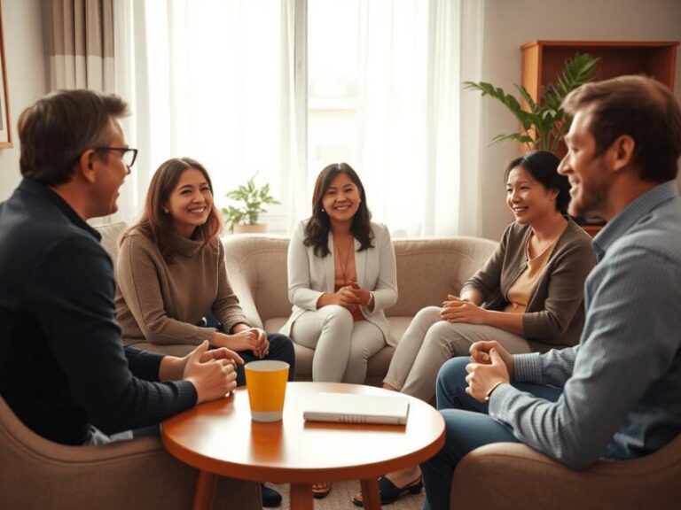 Mediador guiando família diversa em sessão de mediação sobre dívidas, representando O Papel da Mediação na Resolução de Conflitos de Dívidas.