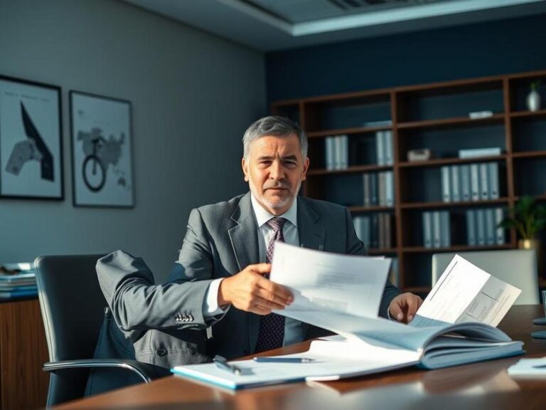 Advogado apresentando estratégias de elisão fiscal a empresário em escritório moderno com gráficos.
