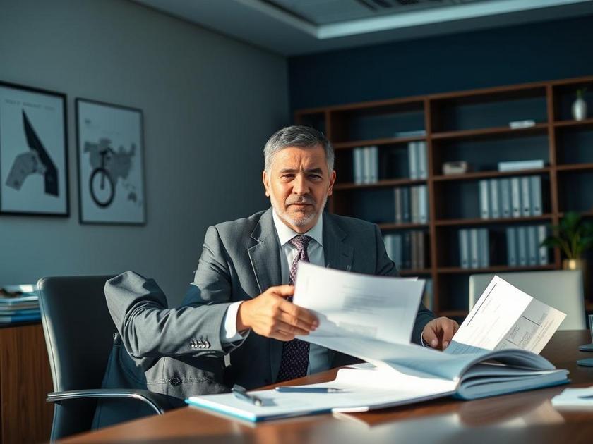 Advogado apresentando estratégias de elisão fiscal a empresário em escritório moderno com gráficos.