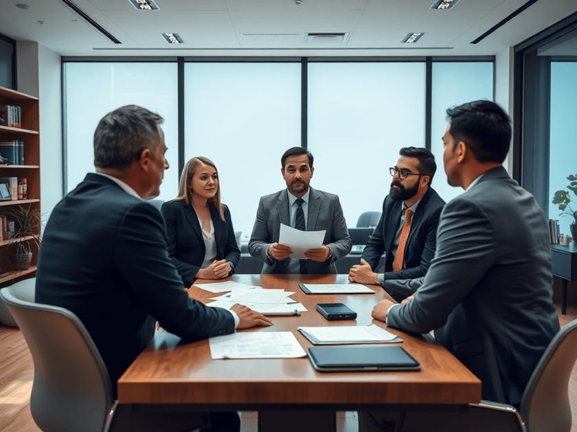 Advogado explicando as contribuições PIS e COFINS a um grupo diverso de empresários em um escritório moderno.