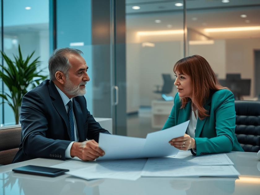 Casal feliz discutindo pacto antenupcial em um escritório moderno, o que é um pacto antenupcial?