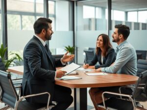 Advogado informando empresários sobre holdings e suas vantagens em ambiente moderno