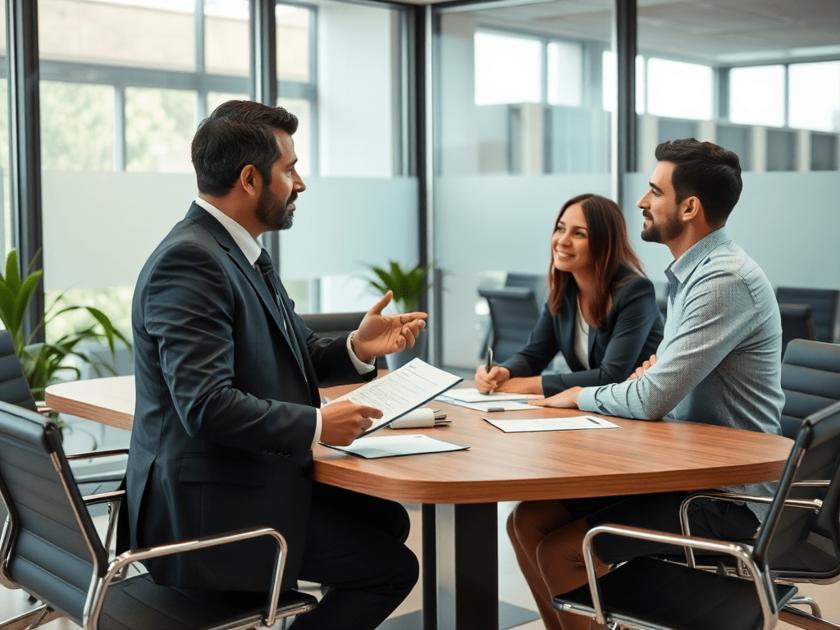 Advogado informando empresários sobre holdings e suas vantagens em ambiente moderno