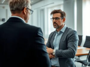 O que fazer em caso de atraso no pagamento de salário? Trabalhador conversando com advogado em sala de reunião.