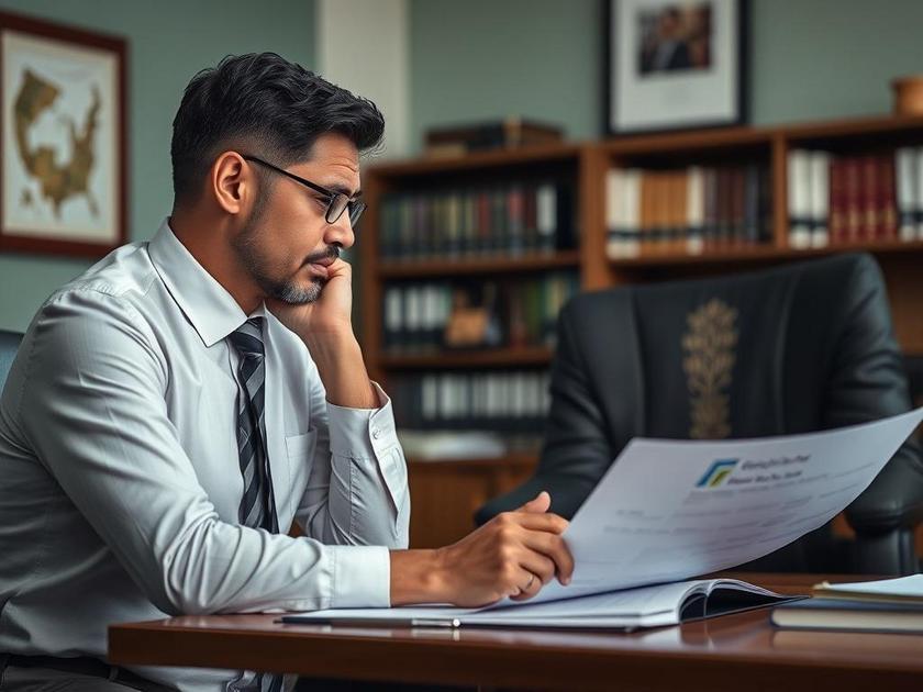 Cliente preocupado com dívida sendo aconselhado por advogado em escritório jurídico sobre proteção de bens de dívidas.
