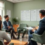 Advogado explicando a clientes sobre fraudes no sistema de pagamento instantâneo em escritório de advocacia.