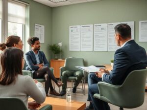 Advogado explicando a clientes sobre fraudes no sistema de pagamento instantâneo em escritório de advocacia.