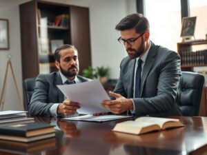 Consumidor examinando contrato com advogado em escritório com biblioteca jurídica, analisando direitos de acordo com a decisão do STJ de 2022.