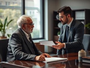 Aposentadoria por invalidez: quem tem direito? Advogado consultando cliente idoso em um escritório moderno.
