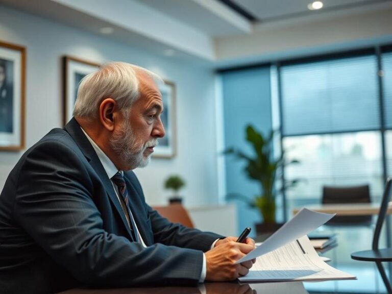 Cliente idoso discutindo sobre serviços bancários com advogado para combater a exploração financeira.