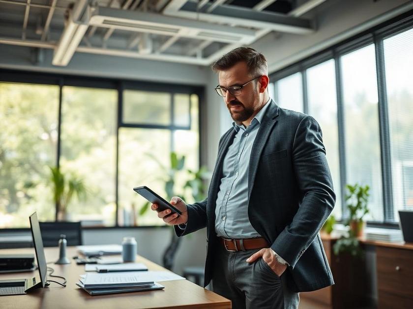 Trabalhador acessando aplicativo do FGTS em smartphone em escritório moderno, como funciona o FGTS e quem tem direito?