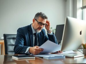 Trabalhador preocupado revisando documentos em escritório, representando direitos do trabalhador em caso de falência da empresa.