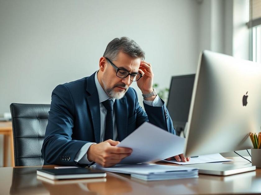 Trabalhador preocupado revisando documentos em escritório, representando direitos do trabalhador em caso de falência da empresa.