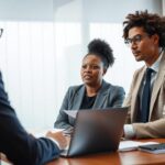 Cliente mulher de etnia diversa consultando advogado em escritório, abordando cuidados jurídicos ao investir em franquias.