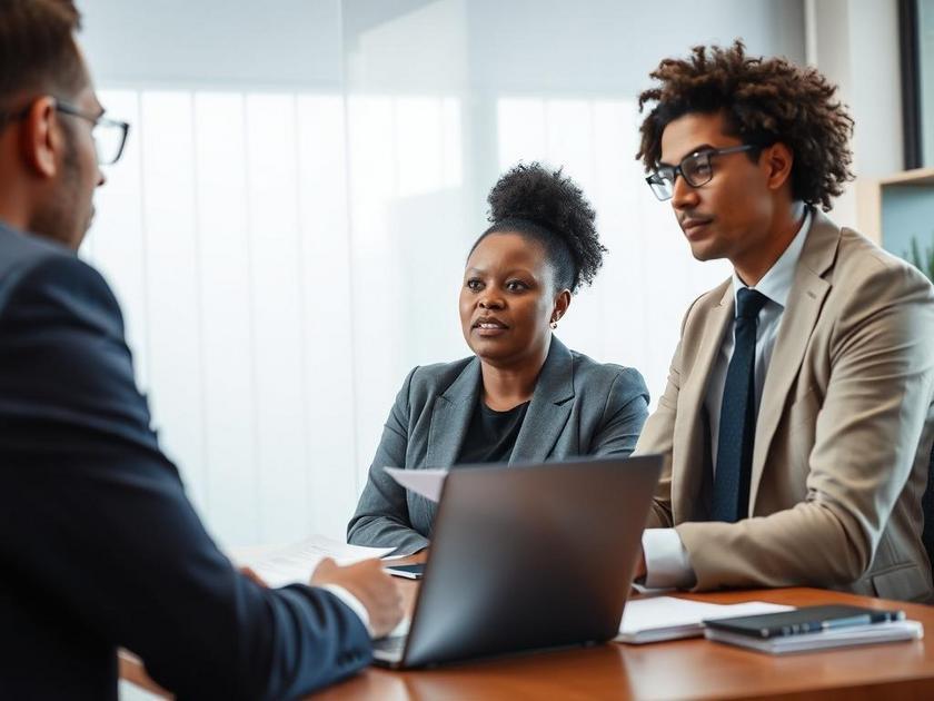 Cliente mulher de etnia diversa consultando advogado em escritório, abordando cuidados jurídicos ao investir em franquias.