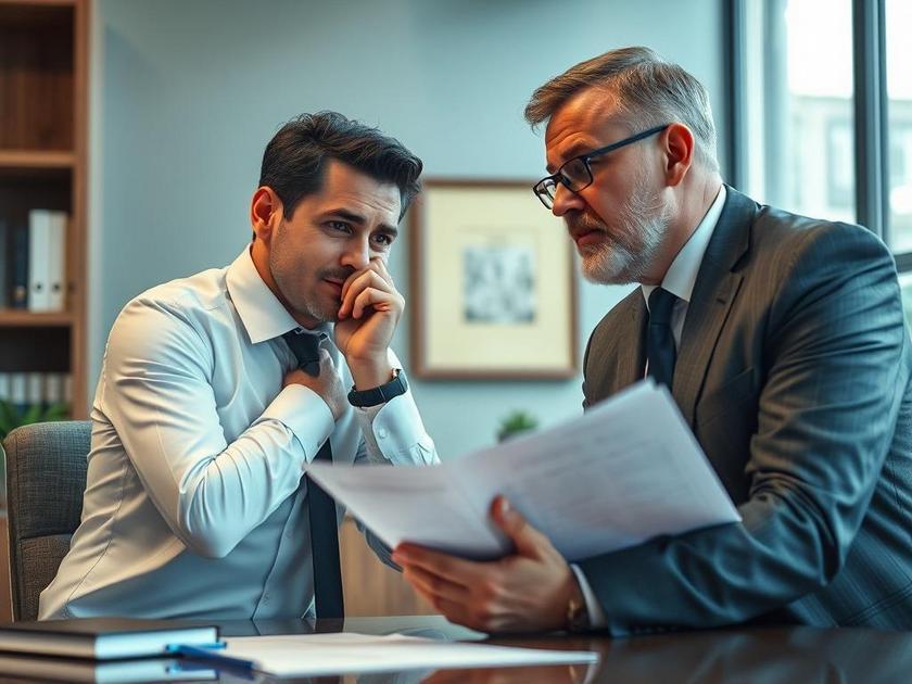 Cliente preocupado conversando com advogado sobre golpes de renegociação de dívidas em escritório jurídico.